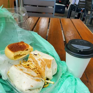 Breakfast wrap with Cafe con leche.. and yes another pan de bolo!