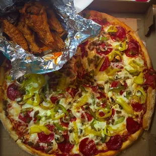 Supreme with added banana peppers and mild wings.