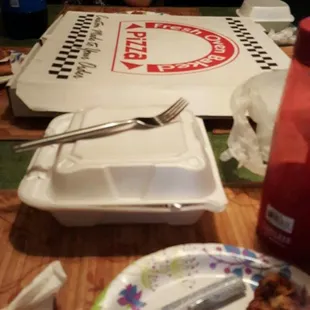 I was too hungry to take a proper picture. We had an 18" pizza, spicy BBQ wings, mozzarella sticks, garlic knots, and a 2 liter Pepsi.