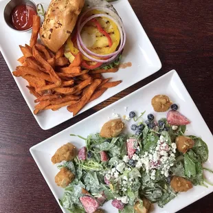 Hawaiian burger with sweet potato fries + Almond chicken salad.