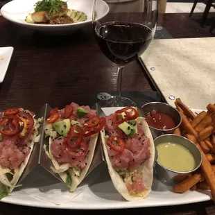 Ahi tuna tacos with sweet potato fries