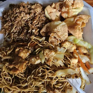 Chicken lo mein, fried rice, and cream cheese wantons.