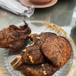 Rice with very little beans. Dried up, un-floured chops!!!!!