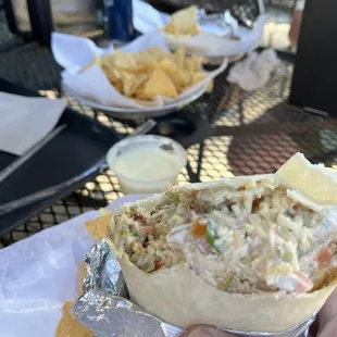Chicken burrito, chips &amp; queso