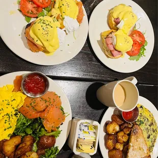 Eggs Benedict with Smoked Salmon, Eggs Benedict with Ham, Wild Mushroom Omelette, Smoked Salmon &amp; Eggs