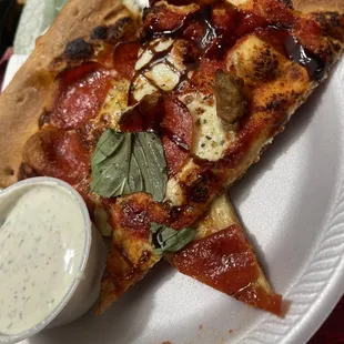 Margarita pizza - with pepperoni and sausage with a drizzle of balsamic and a side of ranch