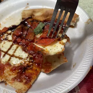 Margarita pizza - with pepperoni and sausage with a drizzle of balsamic.