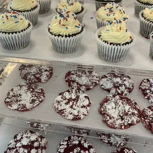 Red velvet crackle cookies. get them while they last! They go quickly!