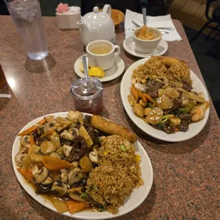 Beef with mushrooms and Triple Delight. Hot &amp; Sour Soup and Jasmine Tea