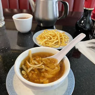 Hot and sour soup, crunchy noodles and hot tea! Soup was great, tasted more homemade