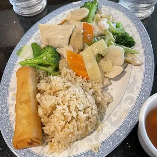 Chicken and vegetables lunch special with fried rice. Really nice flavor in this mild white sauce. Baby and I loved it.