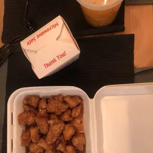 Egg drop soup, orange chicken with fried rice