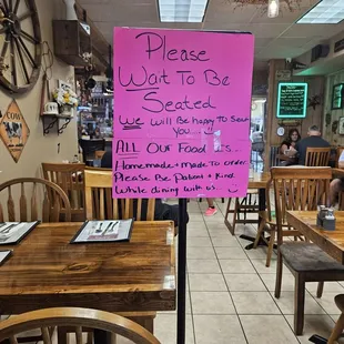 Take note of the sign.  Good food - very slow service- but due slow kitchen.