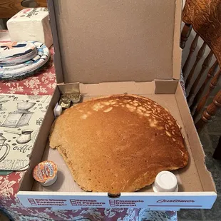 Gigantic pancakes! It comes in a pizza box.