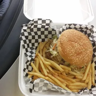 a hamburger and french fries