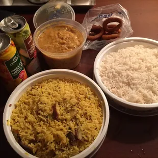 Egg plant curry, egg plant rice, some tasty round things and the best non alcoholic beverages I&apos;ve ever tasted.
