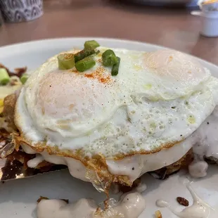 Haystack Special with country, fried steak and eggs over medium.