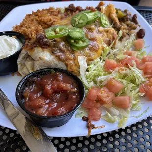 Mmmm! Their signature "Wet Burrito topped off with Bison Chili!
