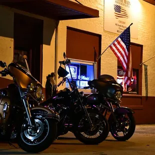 motorcycles parked outside