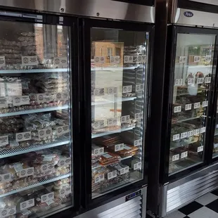 Freezers with items like brats/sausages, bulk sausage, and chicken legs, thighs, and breasts