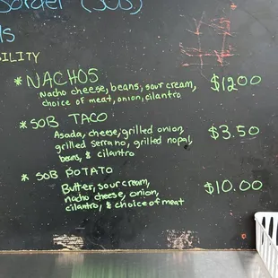 Special menu nachos, sob tacos, sob potato