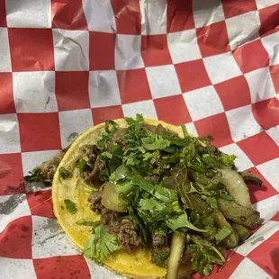 SOB Taco! Asada, Cheese, Beans, Nopal, Grilled Onion, Grilled Jalapeno, and Cilantro