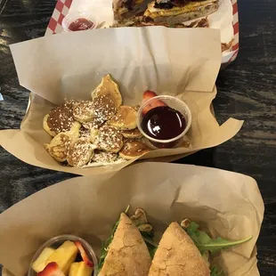 Man Bun sandwich (far), Girly Bun sandwich (close), banana pancake bites (middle)