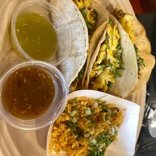 Chorizo egg tacos with side of rice! This was a special