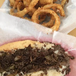 Philly with onions and provolone and a side of rings
