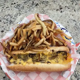 Philly cheese steak with onions, Cheese Wiz and a (small) fry.