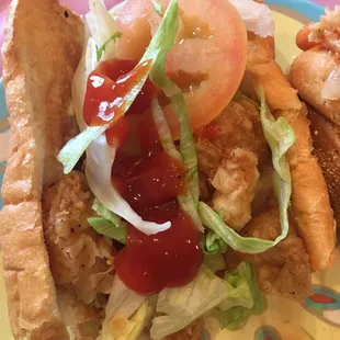 Close up of part of shrimp poboy