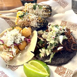 Cheese Curd Taco, Barbacoa Taco, and Elote
