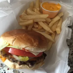 Cheeseburger with cheese fries