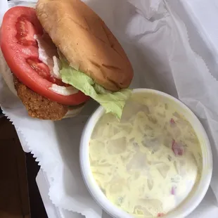 Country fried steak sandwich with potato salad