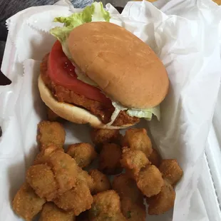 Buffalo chicken sandwich w/ fried okra