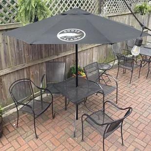 a patio with a table and chairs