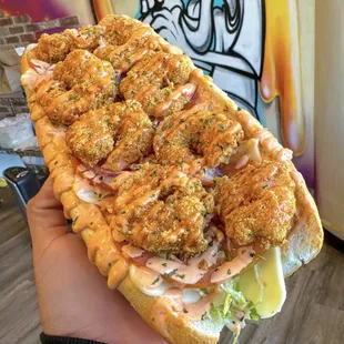 SPE shrimp hoagie with lettuce tomato onion and white American cheese