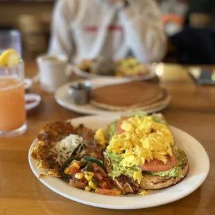 Avocado toast and Homemade Buttermilk Pancakes