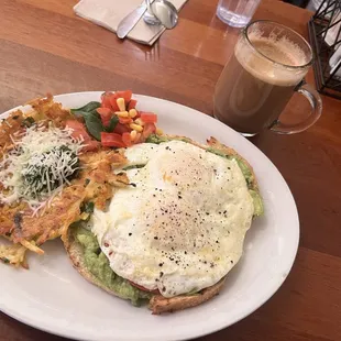 Avocado toast with potato pancake and a quad latte!