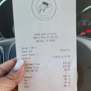 Receipt for 2- 12" pizzas  and a sprite