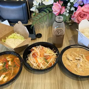 Tom Yum Noodle, Papaya Salad, Bottled Thai Coffee, Massaman Curry