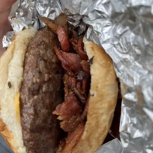 Burger plus cheese and OMG BACON!!