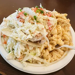 Fish taco and shrimp taco with extra Mac and slaw. I opted for no rice. Delicious