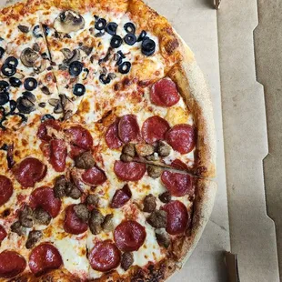 pepperoni, mushrooms, and olives