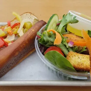 a hot dog and a salad