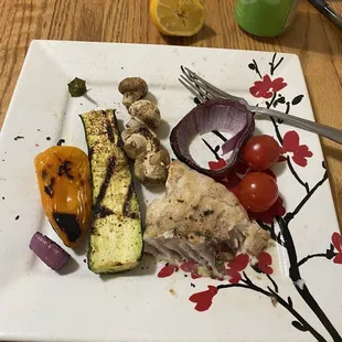 Char broiled marinated Sea Bass and roasted veggies. Bam!