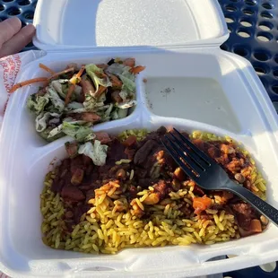 Sides with the platter (house salad, rice with some type of sumac sauce, and hummus)