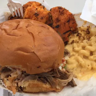 Redneck Club, pepper jack mac, and sweet potatoes. Big servings of everything!