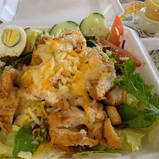 Fried Crispy Chicken Salad. Honey mustard was great! Would order without cheese.