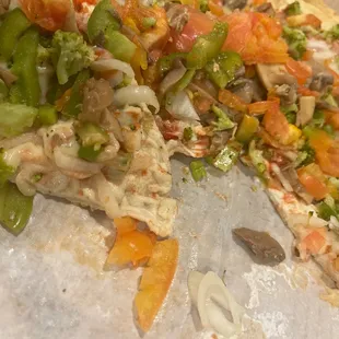 a half eaten pizza with vegetables